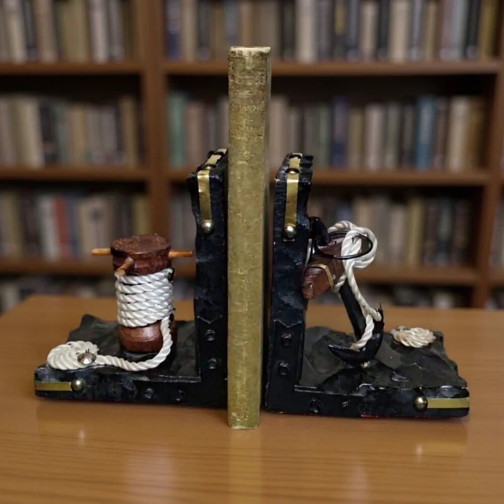 Vintage Nautical Wood Maritime Carved Black Bookends 2PC